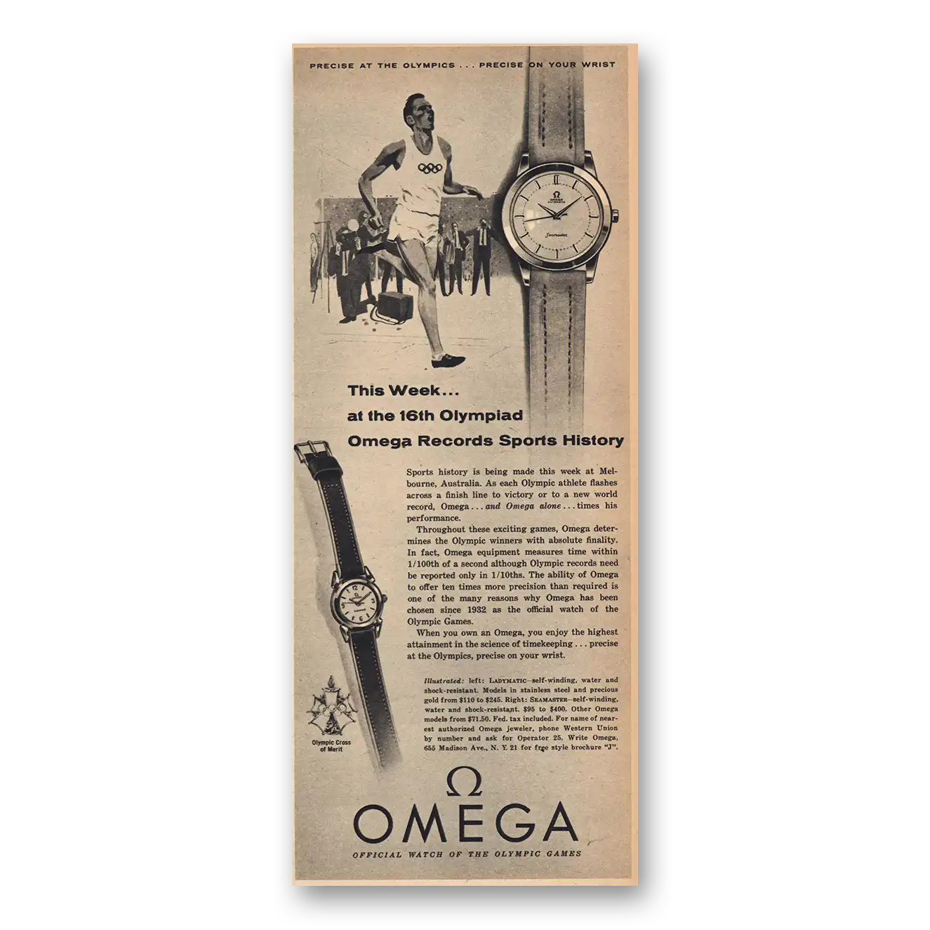 1956 Omega Watch 16th Olympiad Vintage Magazine Print Ad