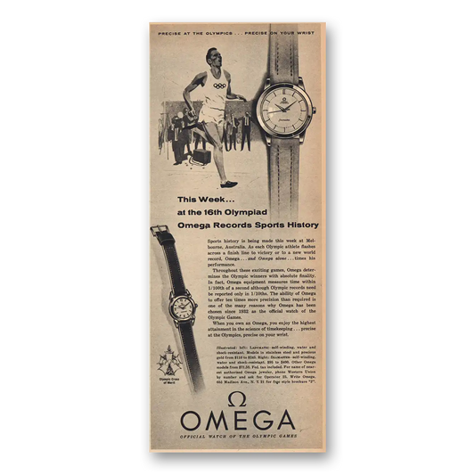 1956 Omega Watch 16th Olympiad Vintage Magazine Print Ad