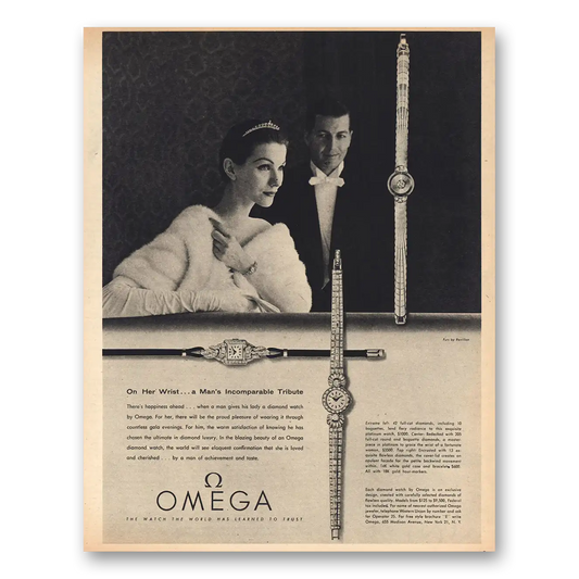 1956 Omega Watch On Her Wrist Mans Incomparable Tribute Vintage Magazine Print Ad