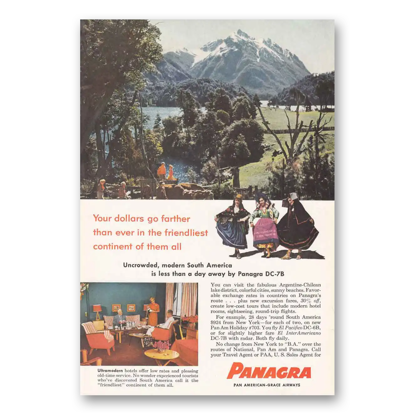 1956 Panagra Airlines DC7B Friendliest Continent Vintage Magazine Print Ad