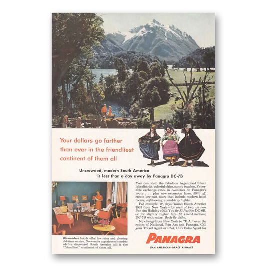 1956 Panagra Airlines DC7B Friendliest Continent Vintage Magazine Print Ad