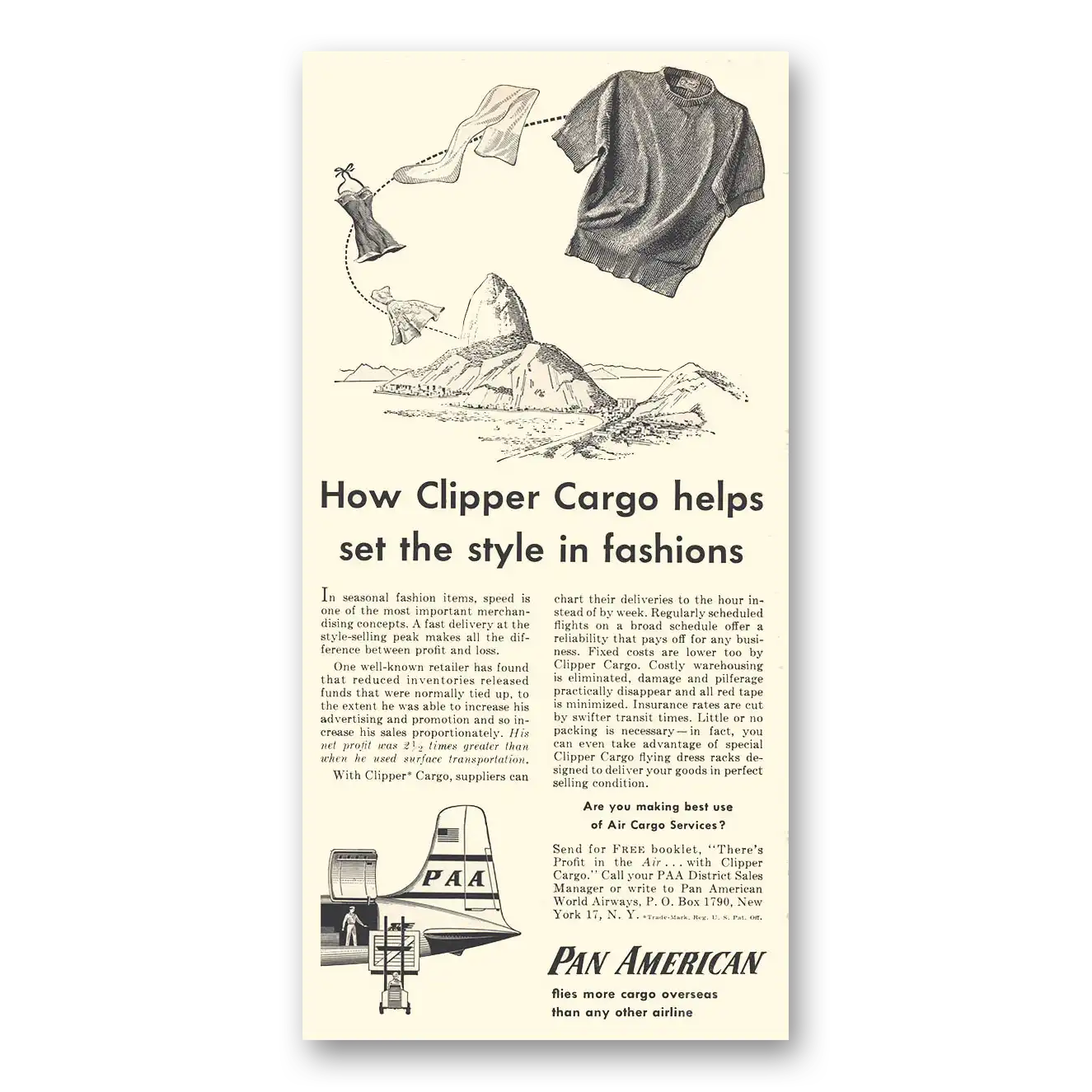 1956 Pan Am Clipper Cargo Helps Set the Style In Fashions Vintage Magazine Print Ad