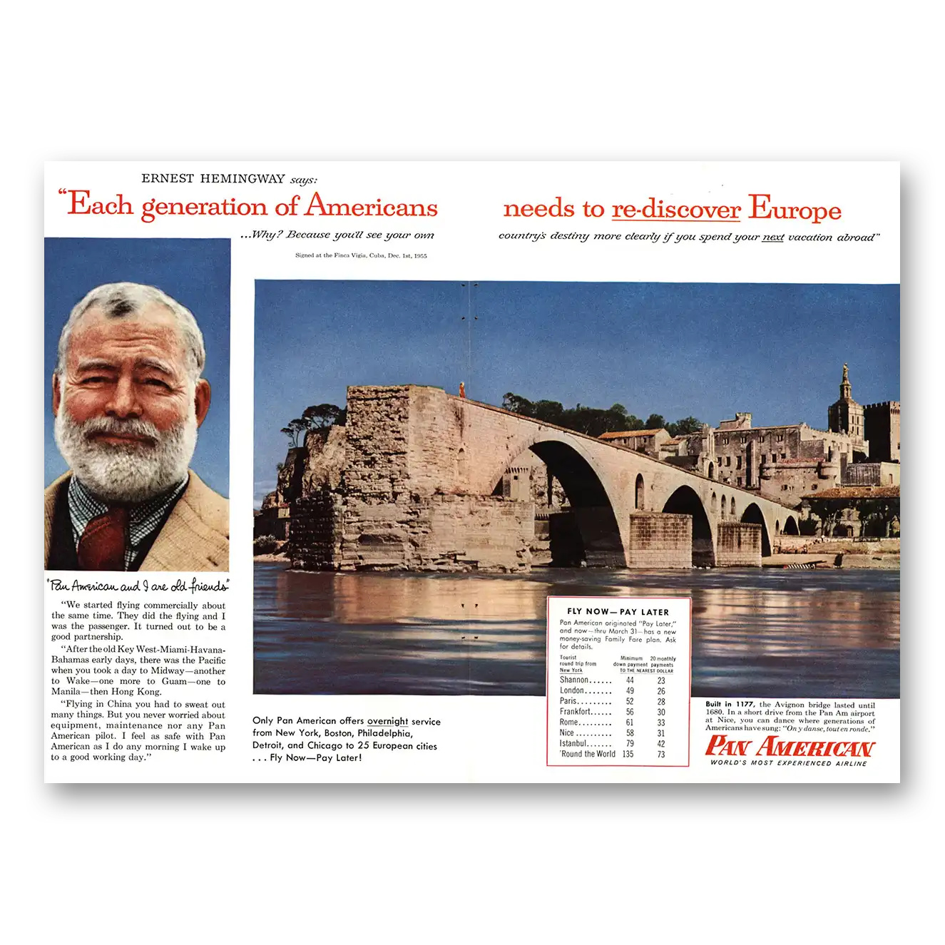 1956 Pan Am Ernest Hemingway Vintage Magazine Print Ad