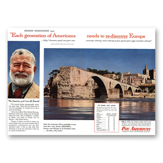 1956 Pan Am Ernest Hemingway Vintage Magazine Print Ad