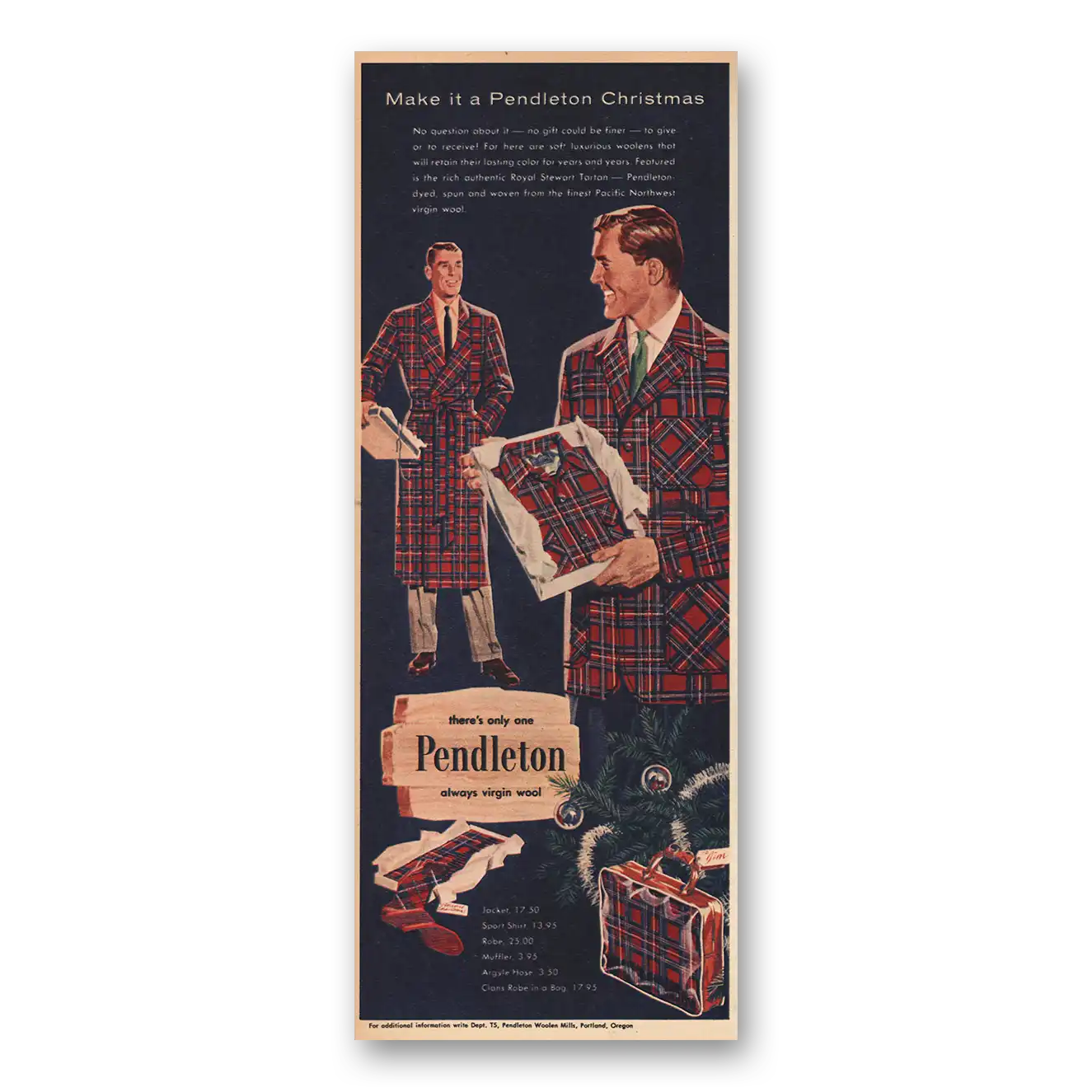 1956 Pendleton Make It Pendleton Christmas Vintage Magazine Print Ad