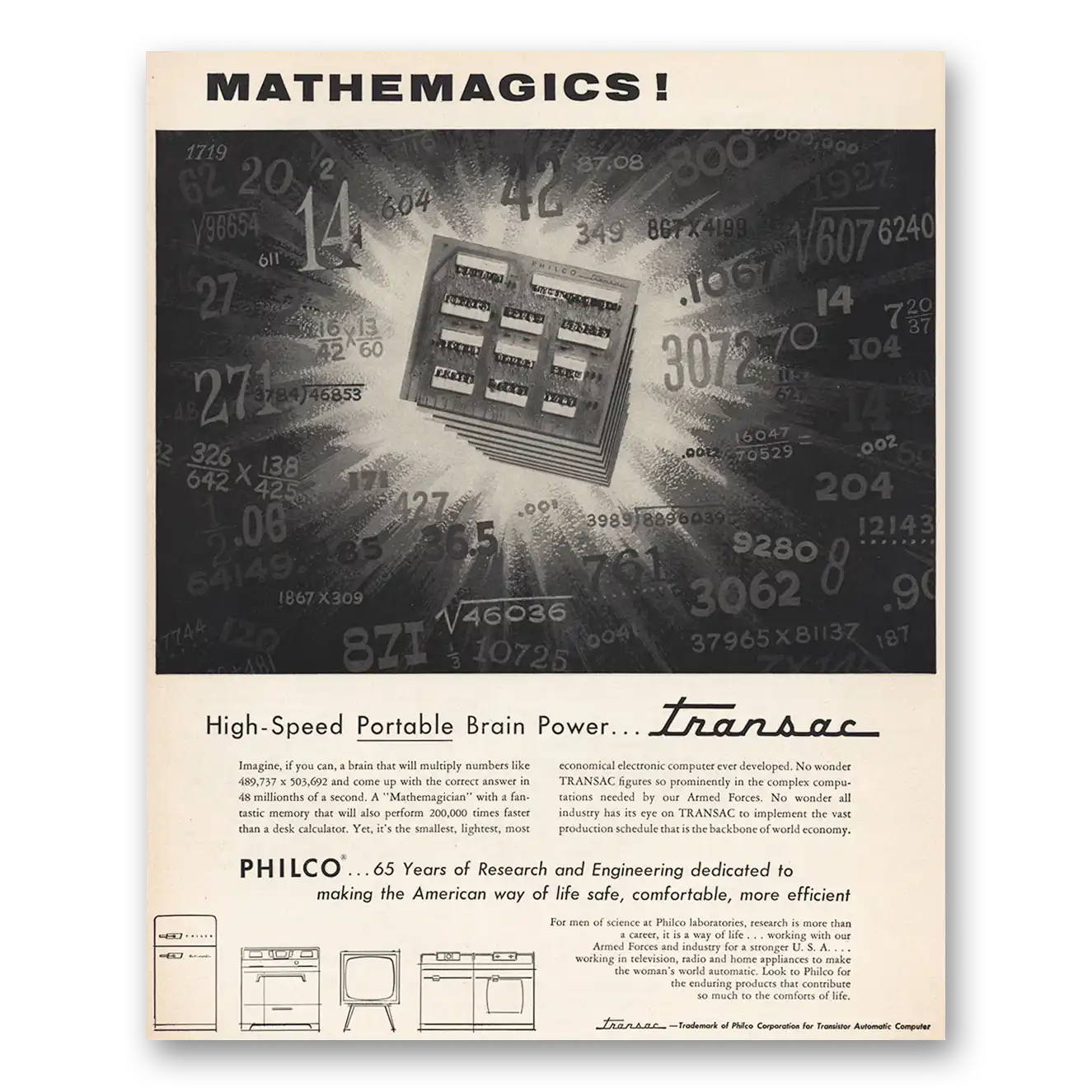 1956 Philco Transac Brain Power Transac Mathemagics Vintage Magazine Print Ad