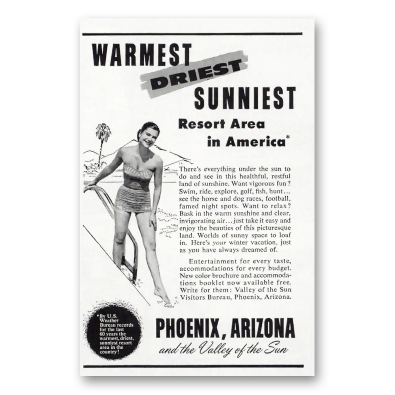 1956 Phoenix Arizona Warmest Driest Sunniest Vintage Magazine Print Ad