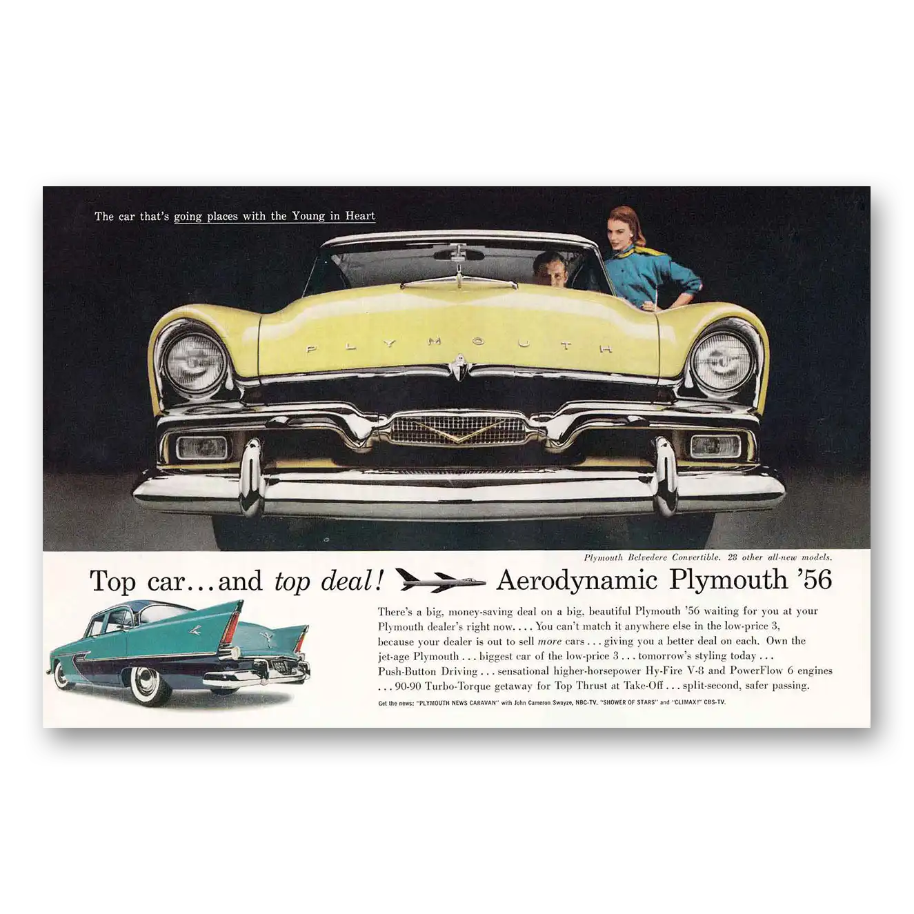 1956 Plymouth Belvedere Convertible Aerodynamic Vintage Magazine Print Ad