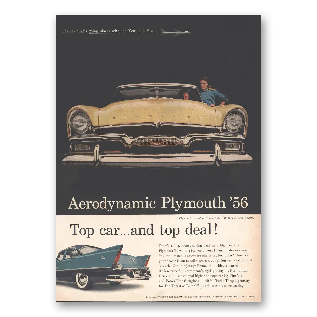 1956 Plymouth Belvedere Aerodynamic Top Car and Top Deal Vintage Magazine Print Ad