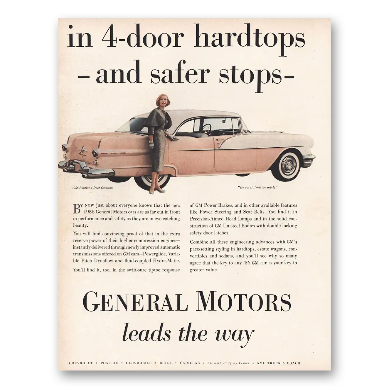 1956 Pontiac Catalina Hardtops and Safer Stops Vintage Magazine Print Ad