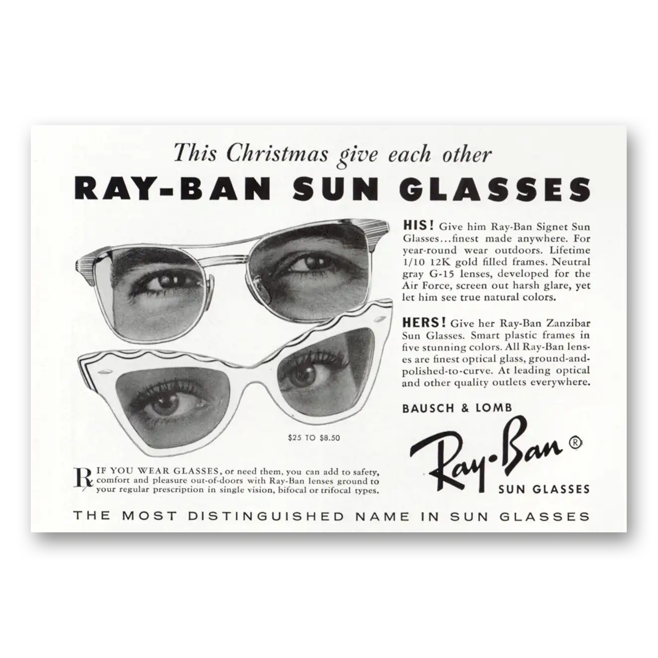 1956 Ray Ban Sun Glasses This Christmas Give Each Other Vintage Magazine Print Ad