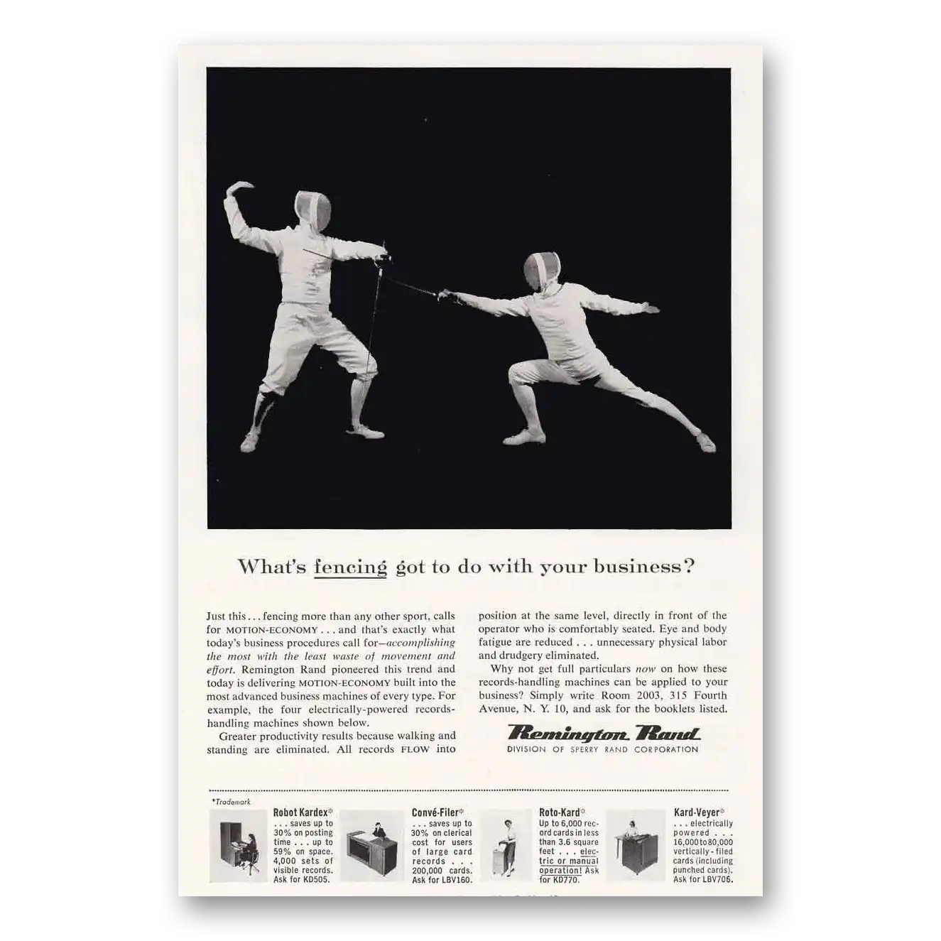 1956 Remington Rand Fencing Got to Do With Business Vintage Magazine Print Ad