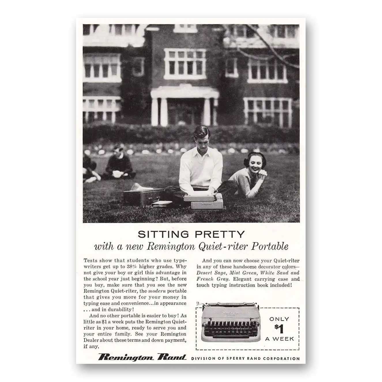 1956 Remington Typewriter Quiet Riter Portable Sitting Pretty Vintage Magazine Print Ad