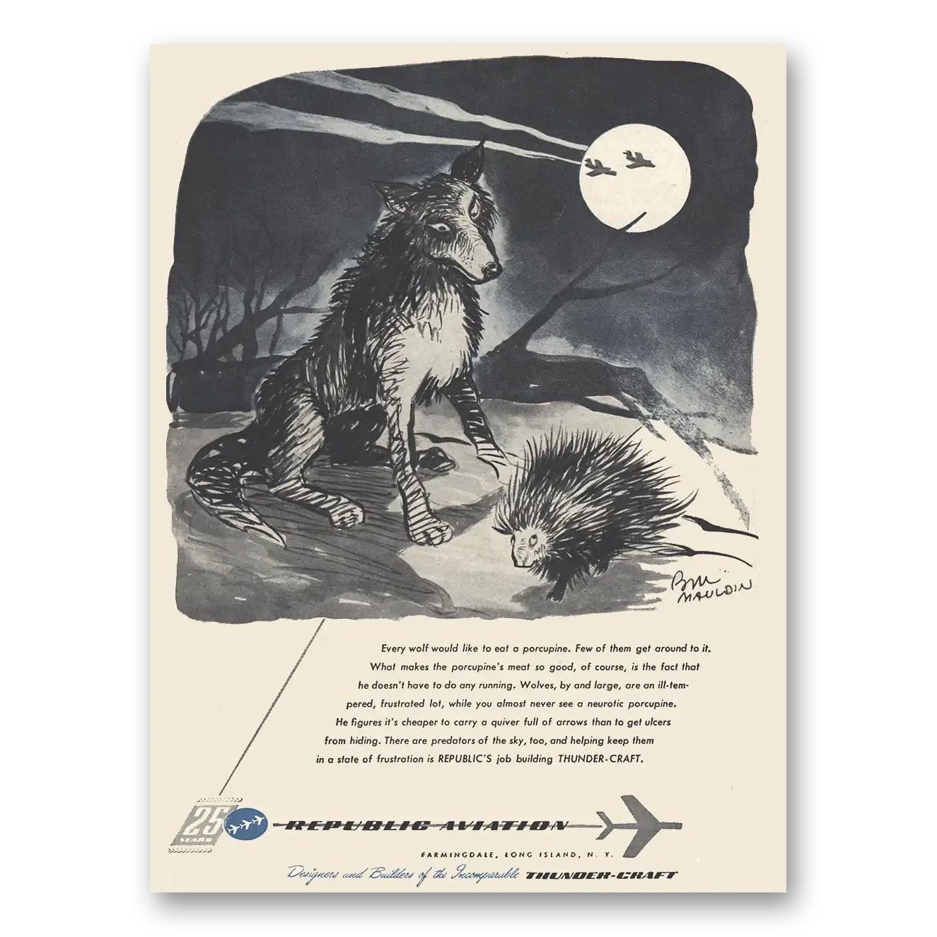 1956 Republic Aviation Every Wolf Would Like to Eat a Porcupine Vintage Magazine Print Ad