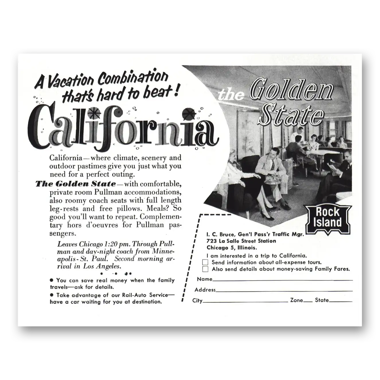 1956 Rock Island Lines California Golden State Vintage Magazine Print Ad