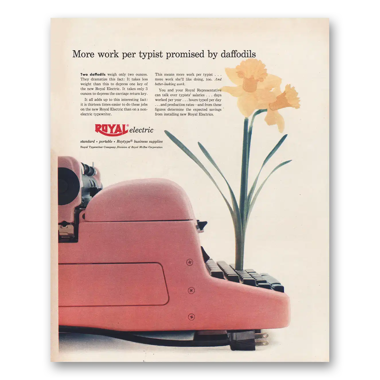 1956 Royal Typewriter Promised By Daffodils Vintage Magazine Print Ad