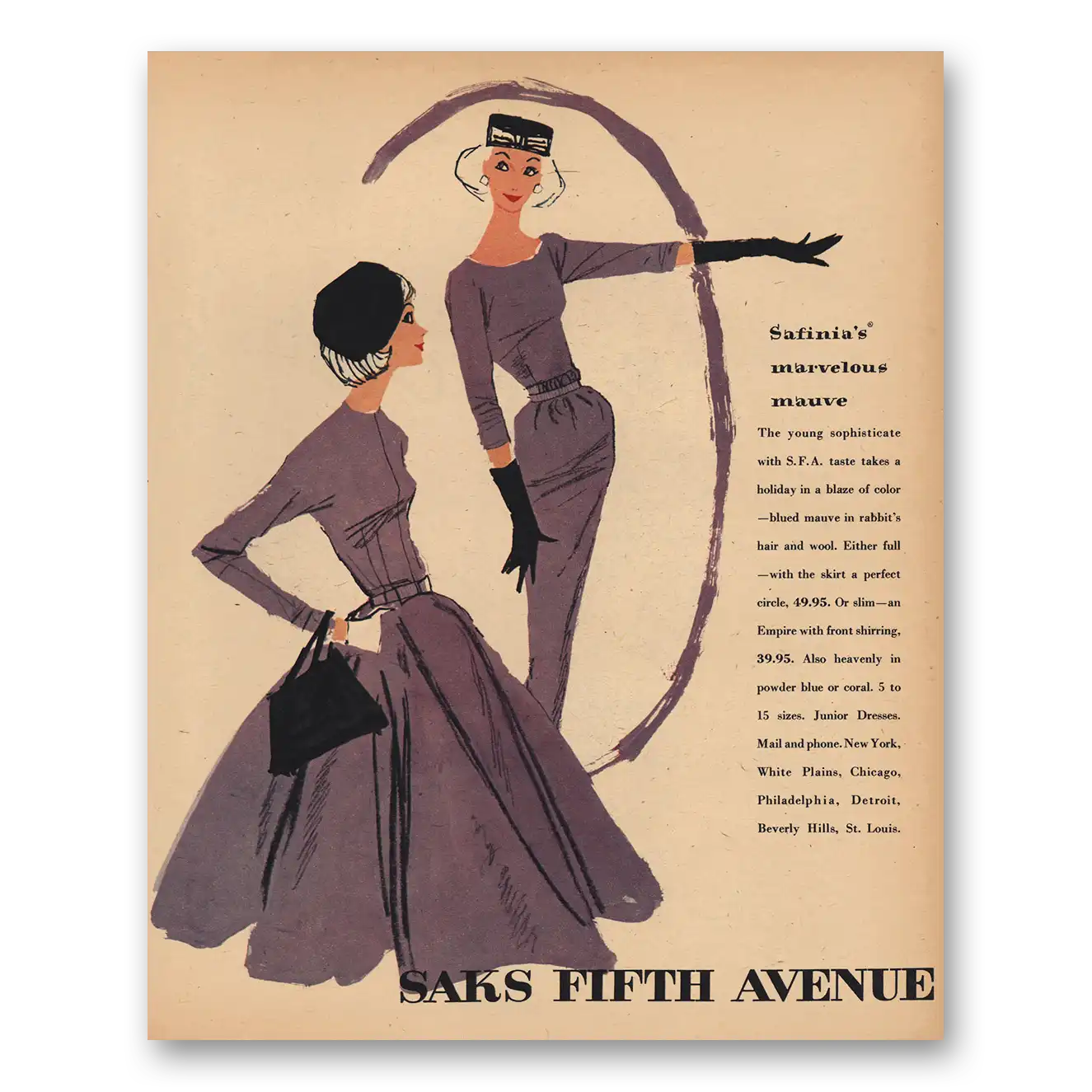 1956 Saks Fifth Avenue Safinia Marvelous Mauve Vintage Magazine Print Ad