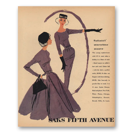 1956 Saks Fifth Avenue Safinia Marvelous Mauve Vintage Magazine Print Ad