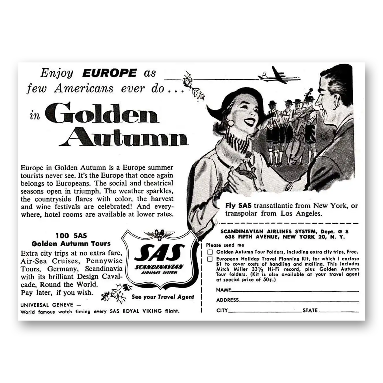 1956 SAS Scandinavian Airlines Golden Autumn Vintage Magazine Print Ad