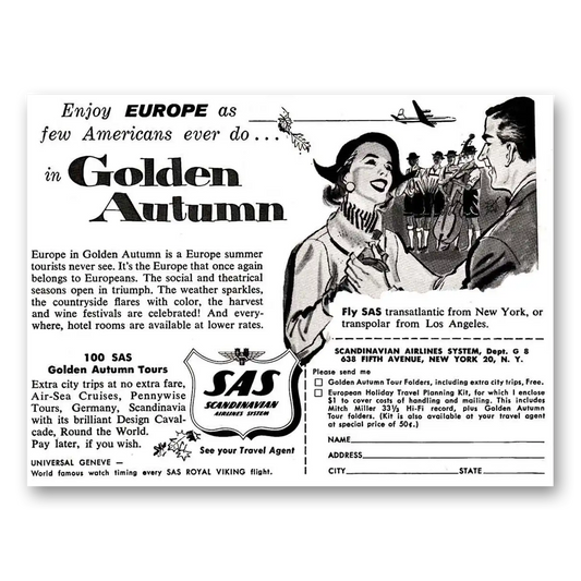 1956 SAS Scandinavian Airlines Golden Autumn Vintage Magazine Print Ad