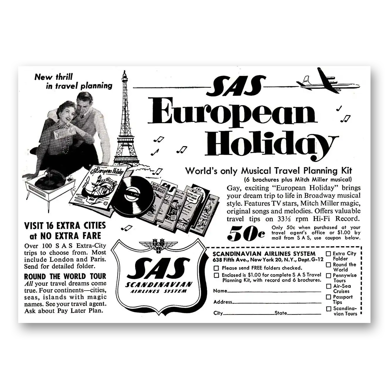 1956 SAS Scandinavian Airlines European Holiday Vintage Magazine Print Ad