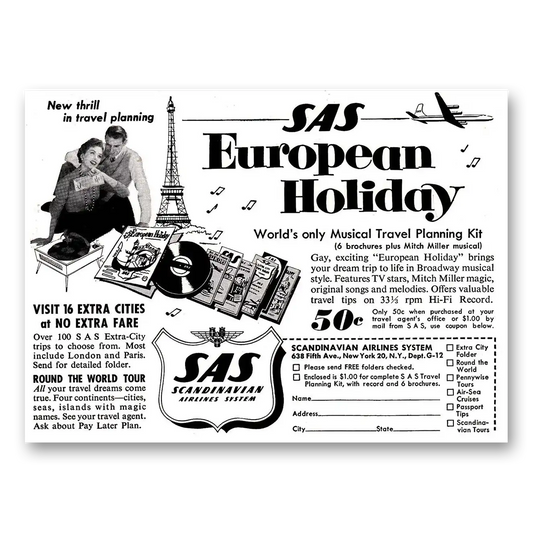 1956 SAS Scandinavian Airlines European Holiday Vintage Magazine Print Ad