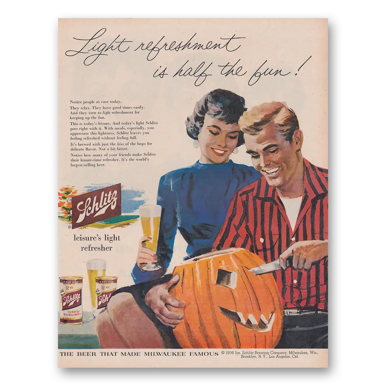 1956 Schlitz Beer Light Refreshment Is Half the Fun Pumpkin Carving Vintage Magazine Print Ad