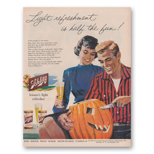 1956 Schlitz Beer Light Refreshment Is Half the Fun Pumpkin Carving Vintage Magazine Print Ad