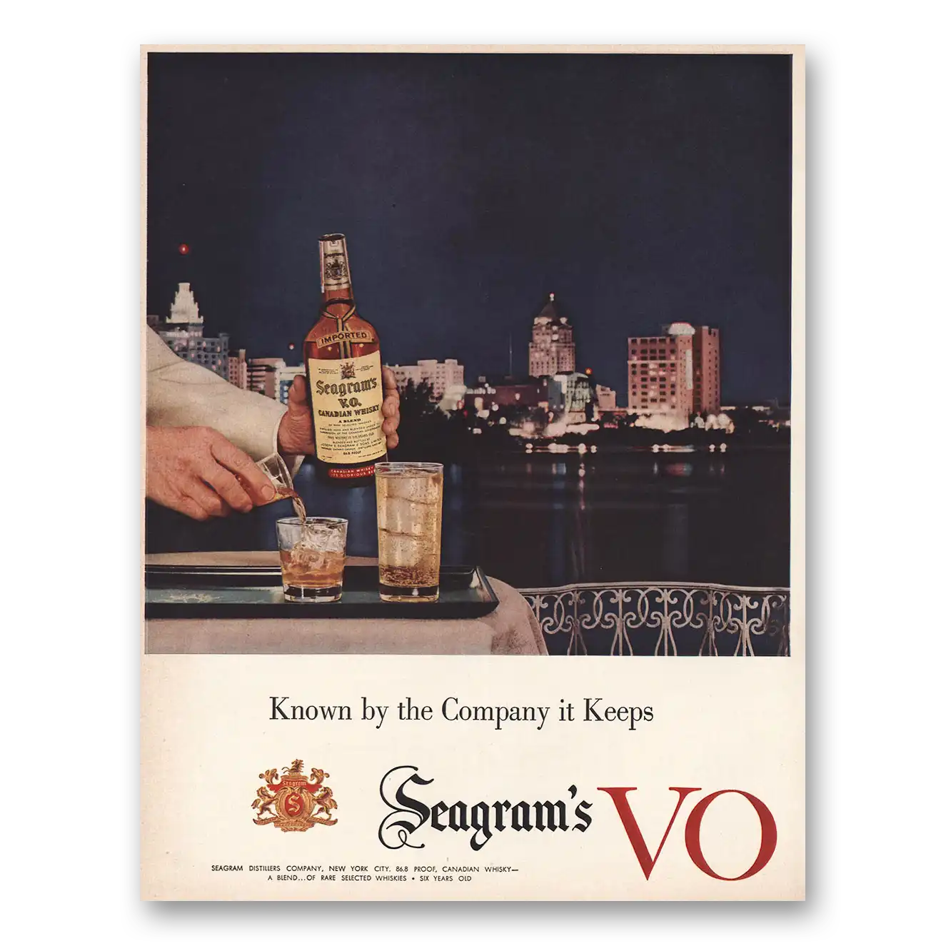 1956 Seagrams VO Whisky Known By the Company It Keeps Skyline Vintage Magazine Print Ad