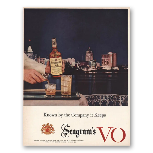 1956 Seagrams VO Whisky Known By the Company It Keeps Skyline Vintage Magazine Print Ad