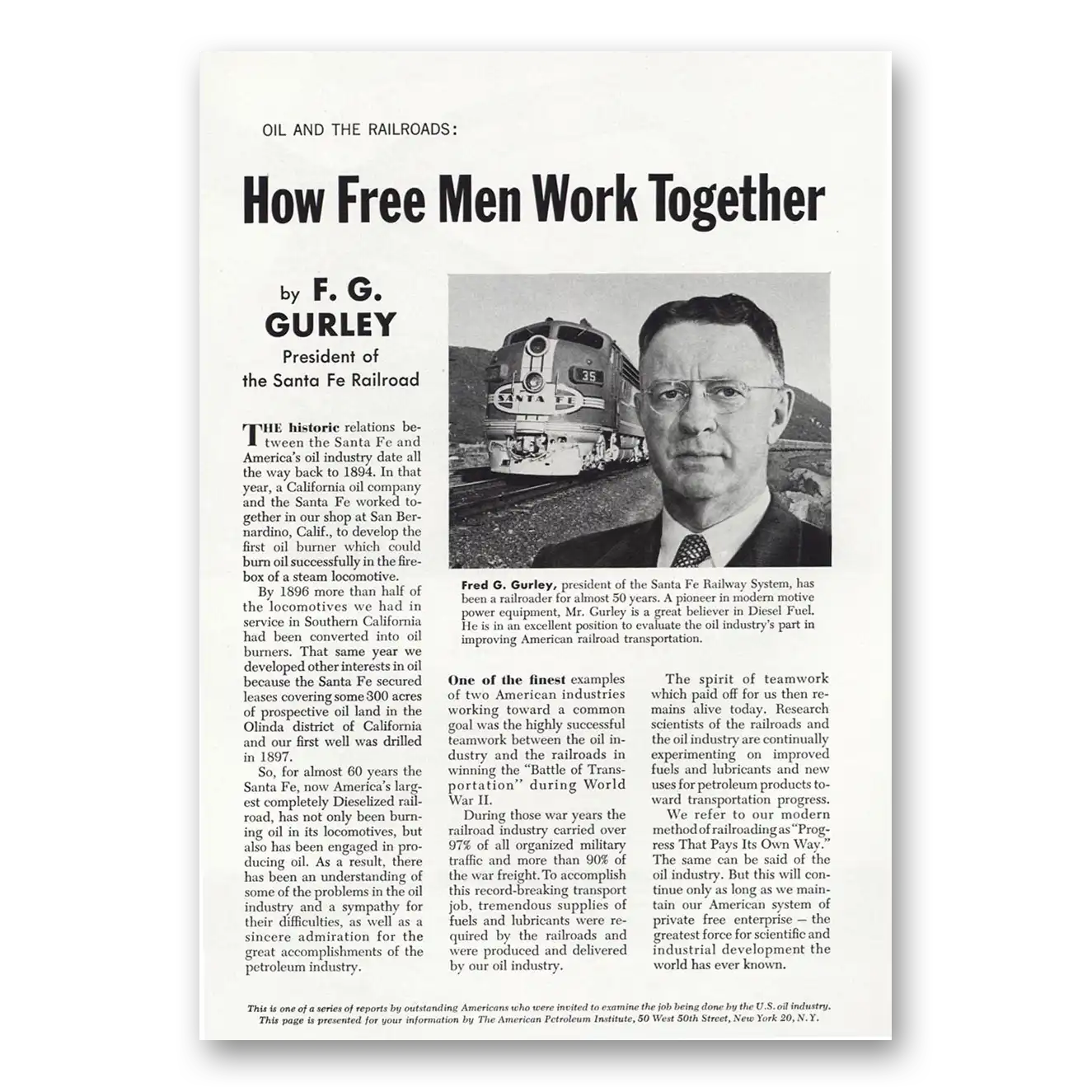 1956 Santa Fe Railway How Free Men Work Together F G Gurley Vintage Magazine Print Ad