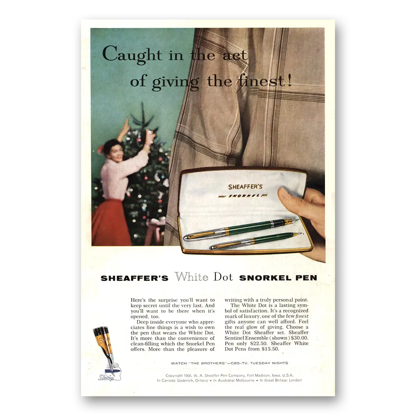 1956 Sheaffers Snorkel Pen Caught In the Net of Giving the Finest Vintage Magazine Print Ad