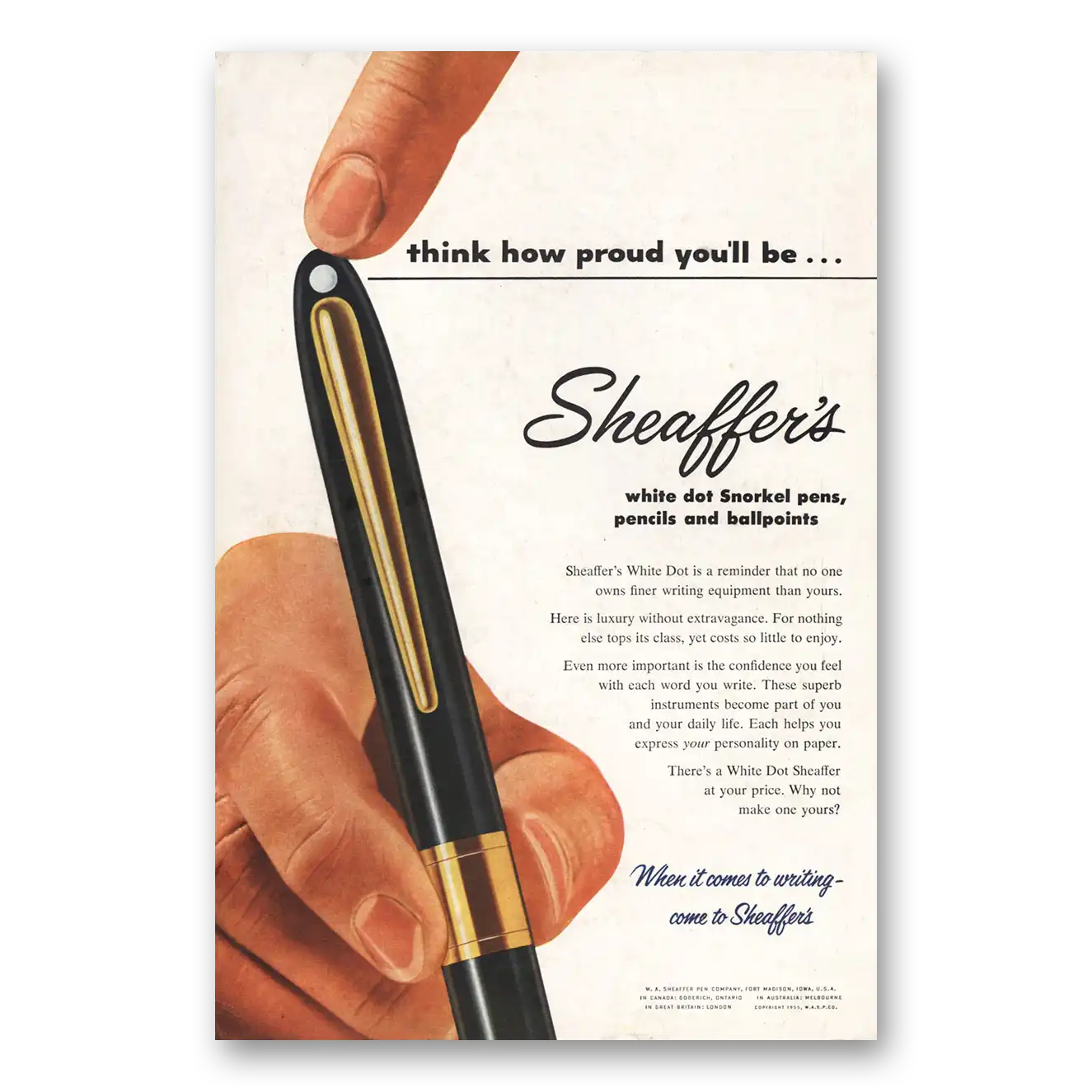 1956 Sheaffers Snorkel Pen Think How Proud Be Vintage Magazine Print Ad