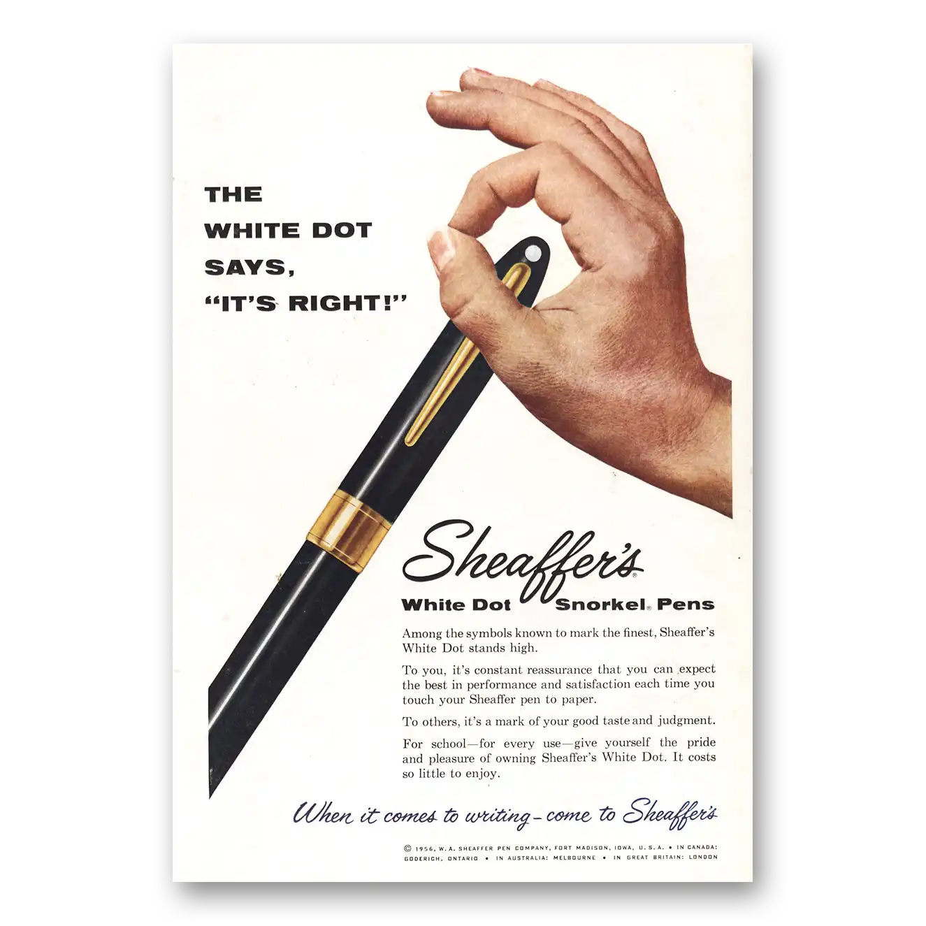 1956 Sheaffers Snorkel Pen White Dot Says Its Right Vintage Magazine Print Ad