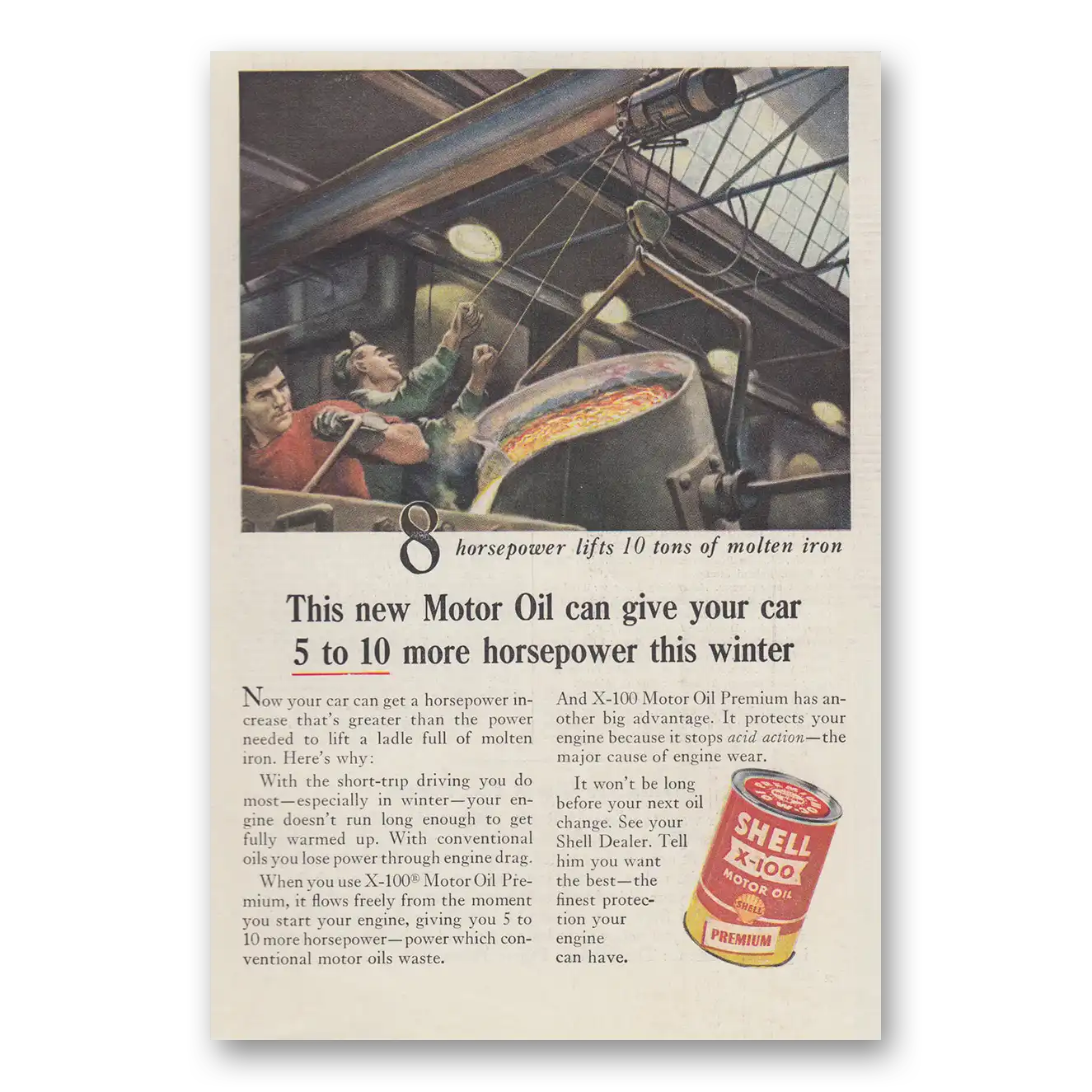 1956 Shell Motor Oil Can Give You Car 5 to 10 More Horsepower Vintage Magazine Print Ad