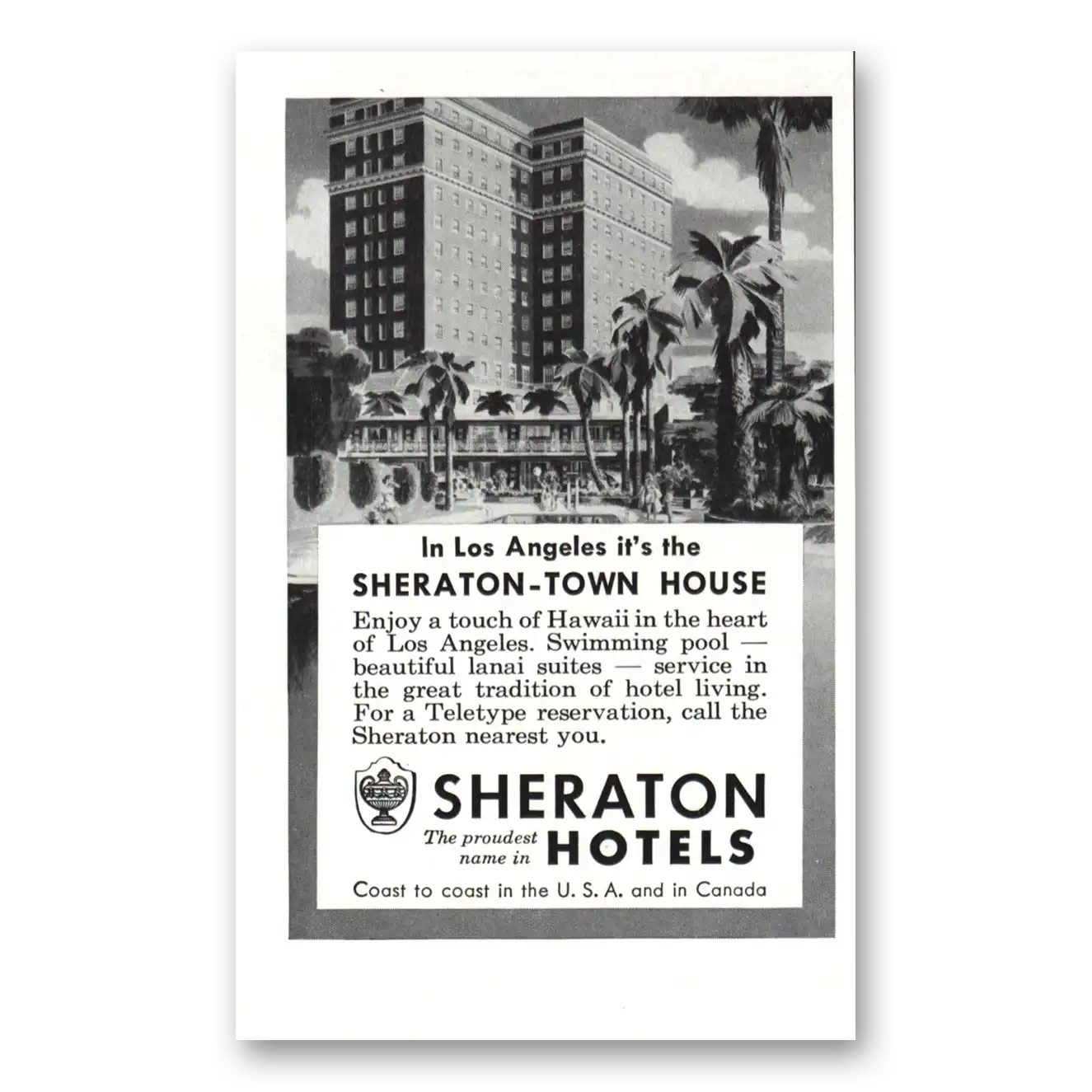 1956 Sheraton Town House Hotel Town House Los Angeles Vintage Magazine Print Ad