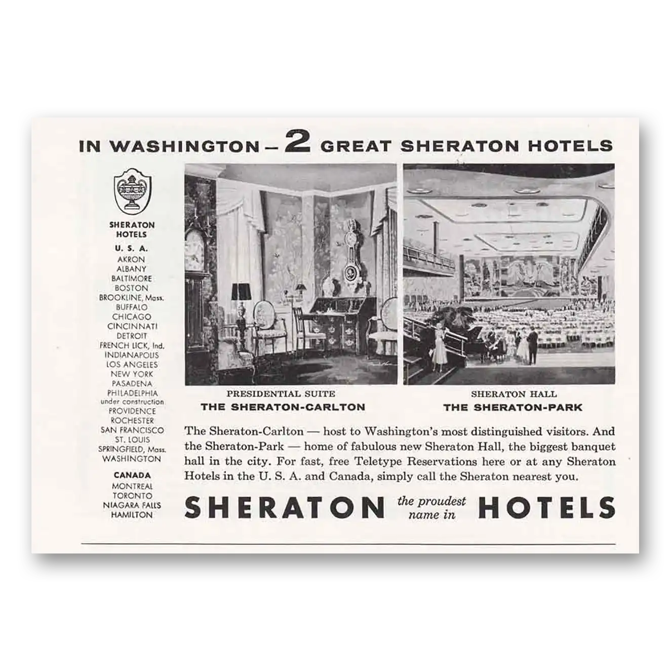 1956 Sheraton Hotels Park Carlton Washington Vintage Magazine Print Ad