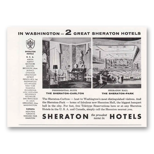 1956 Sheraton Hotels Park Carlton Washington Vintage Magazine Print Ad