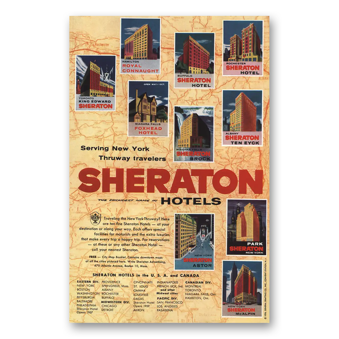 1956 Sheraton Hotels Serving New York Thruway Travelers Vintage Magazine Print Ad