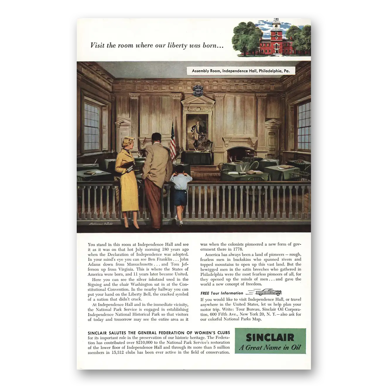 1956 Sinclair Assembly Room Independence Hall Vintage Magazine Print Ad