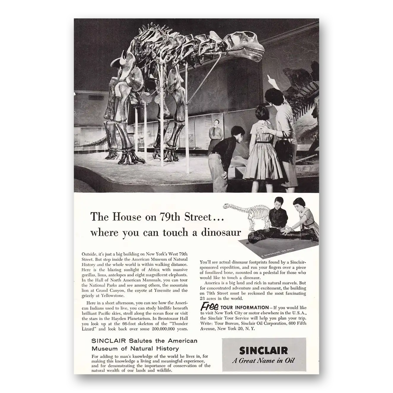 1956 Sinclair House on 79th Touch a Dinosaur Vintage Magazine Print Ad