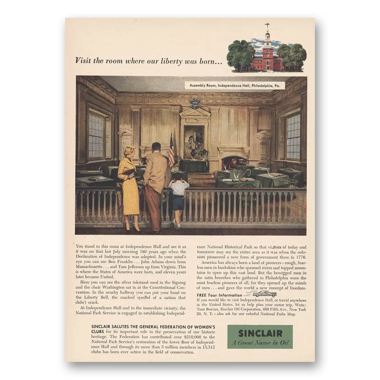 1956 Sinclair Room Where our Liberty Was Born Vintage Magazine Print Ad