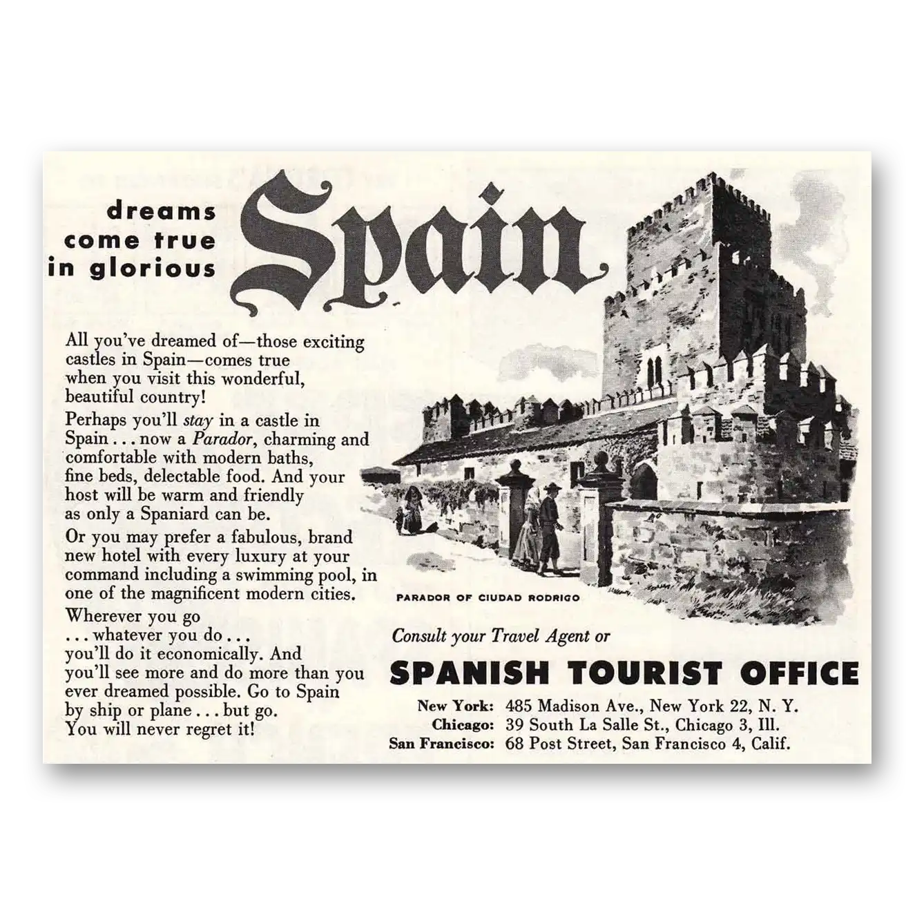 1956 Spain Parador of Ciudad Rodrigo Vintage Magazine Print Ad