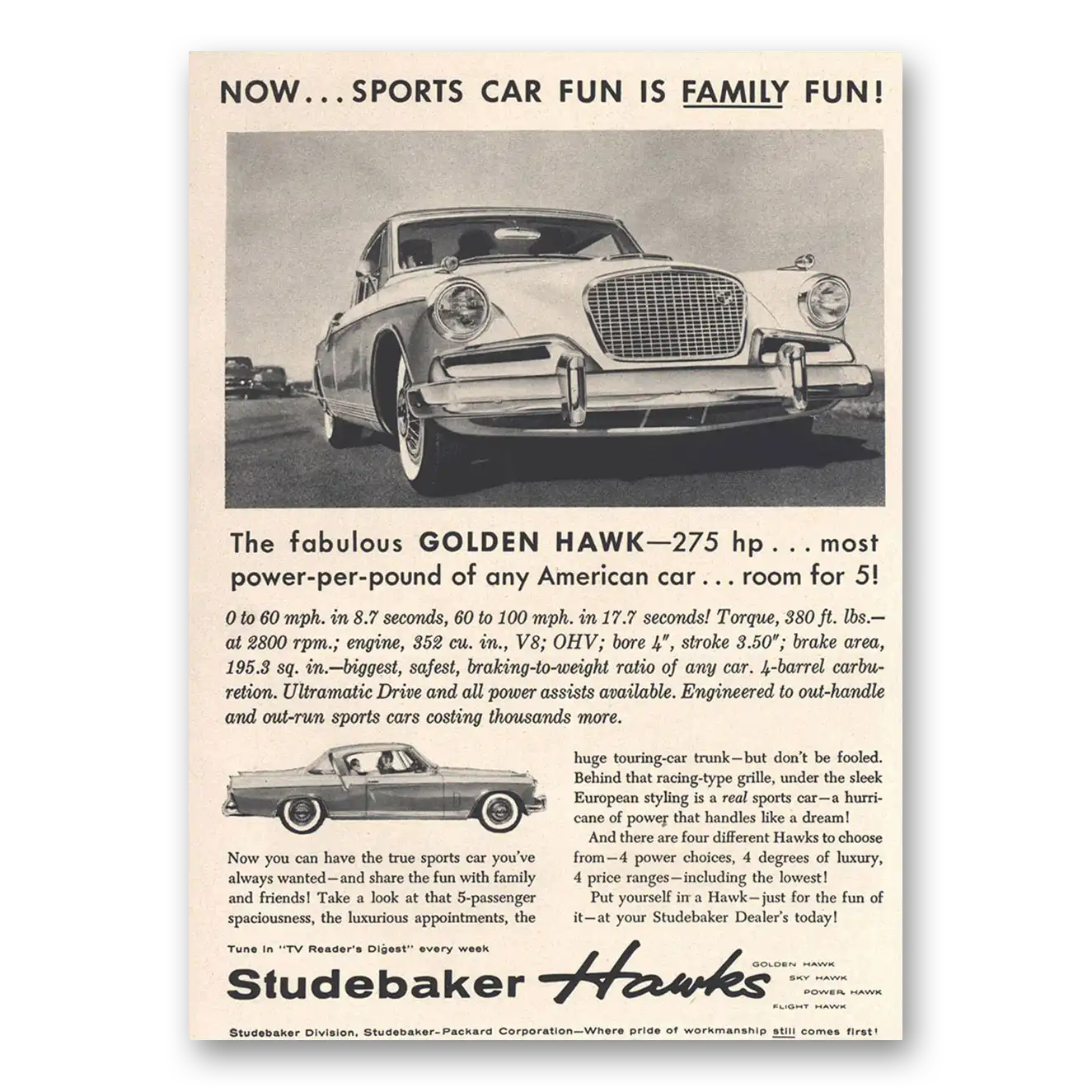 1956 Studebaker Golden Hawk Sports Car Fun Is Family Fun Vintage Magazine Print Ad