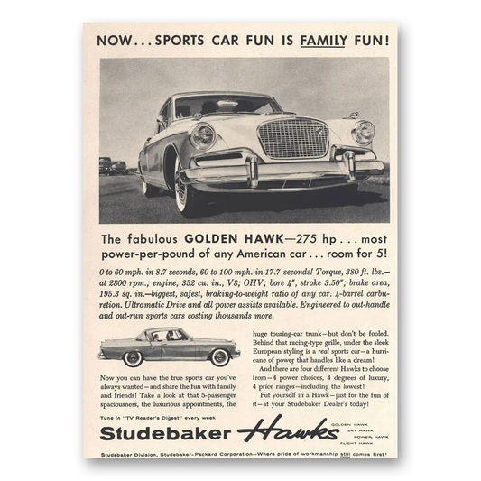 1956 Studebaker Golden Hawk Sports Car Fun Is Family Fun Vintage Magazine Print Ad