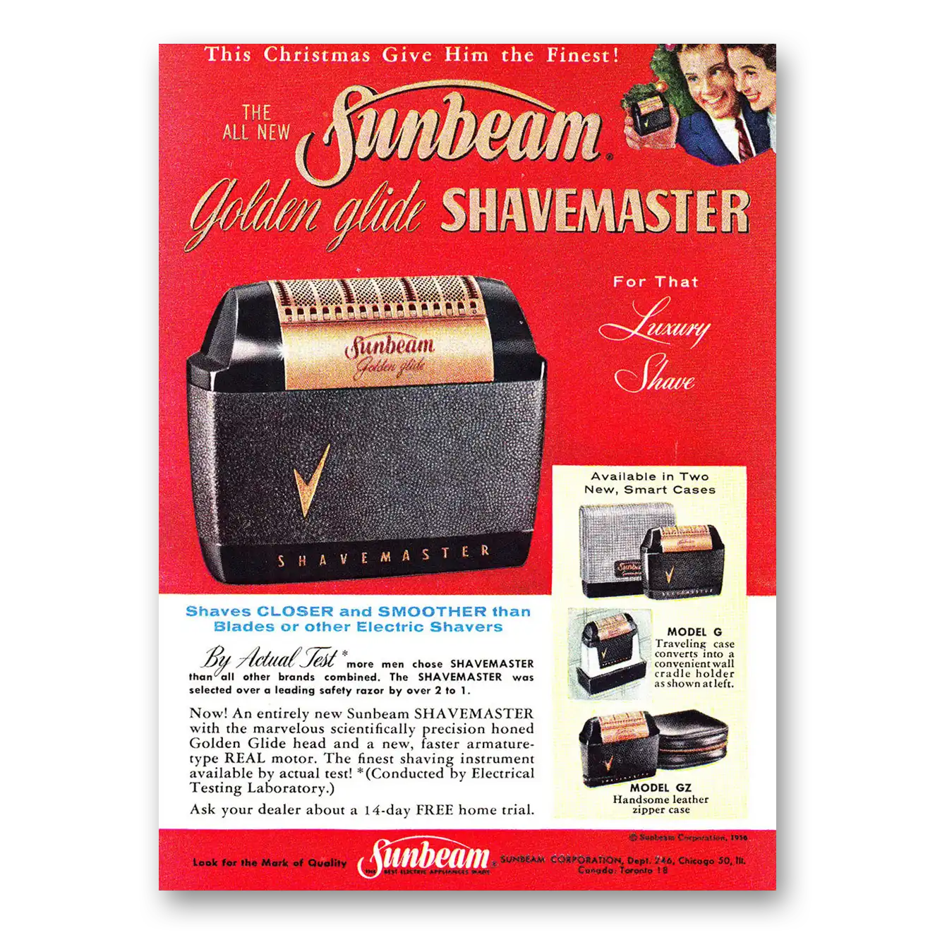 1956 Sunbeam Shavemaster Golden Glide This Christmas Give Him the Finest Vintage Magazine Print Ad