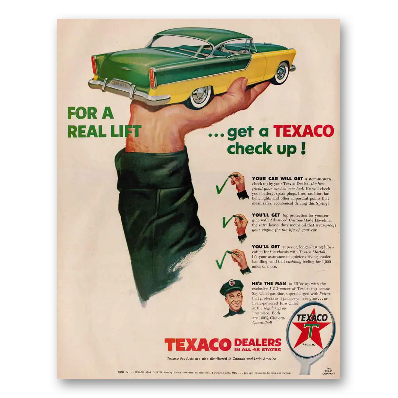 1956 Texaco For a Real Lift Get a Texaco Check Up Vintage Magazine Print Ad