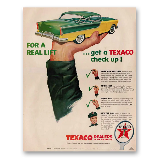 1956 Texaco For a Real Lift Get a Texaco Check Up Vintage Magazine Print Ad