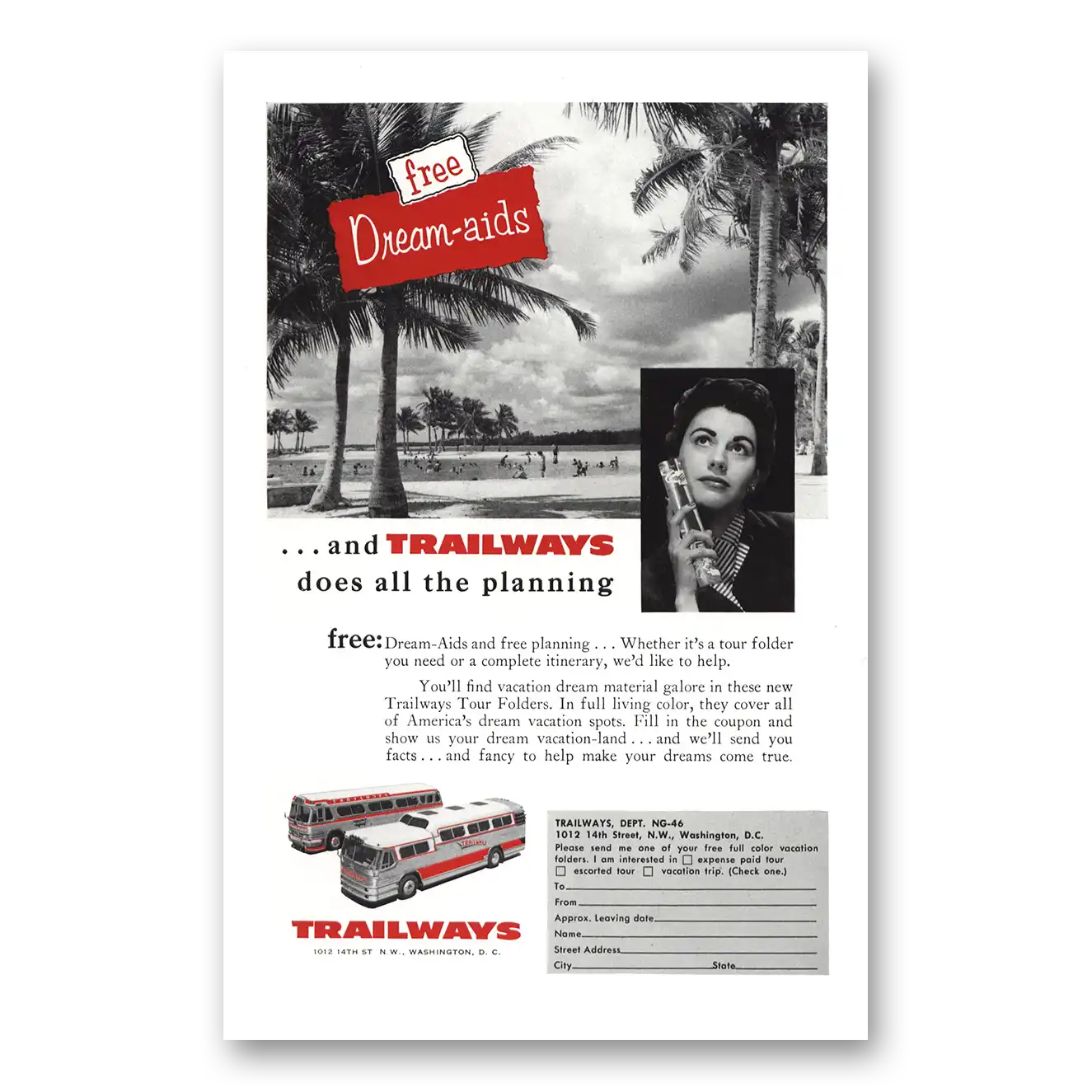 1956 Trailways Free Dream Aids Does All the Planning Vintage Magazine Print Ad