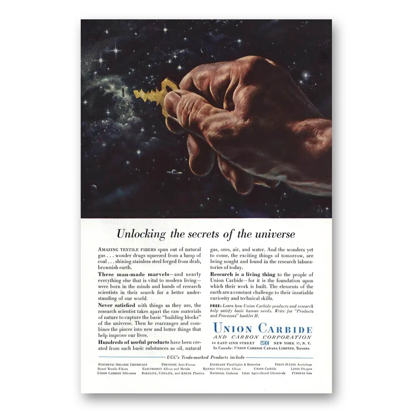 1956 Union Carbide Unlocking the Secrets Vintage Magazine Print Ad